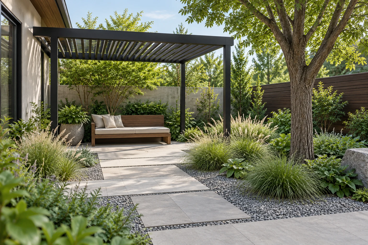 A courtyard concept with a slender pergola, grasses and bench