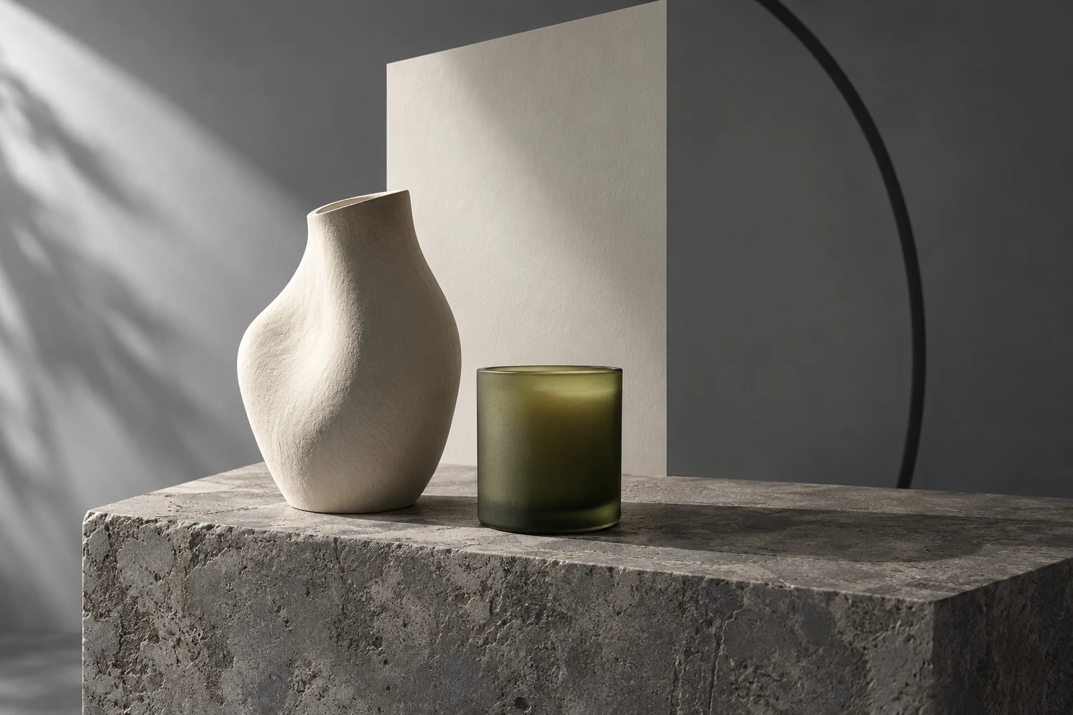 Sculptural ceramic vessel and olive candle on mineral stone
