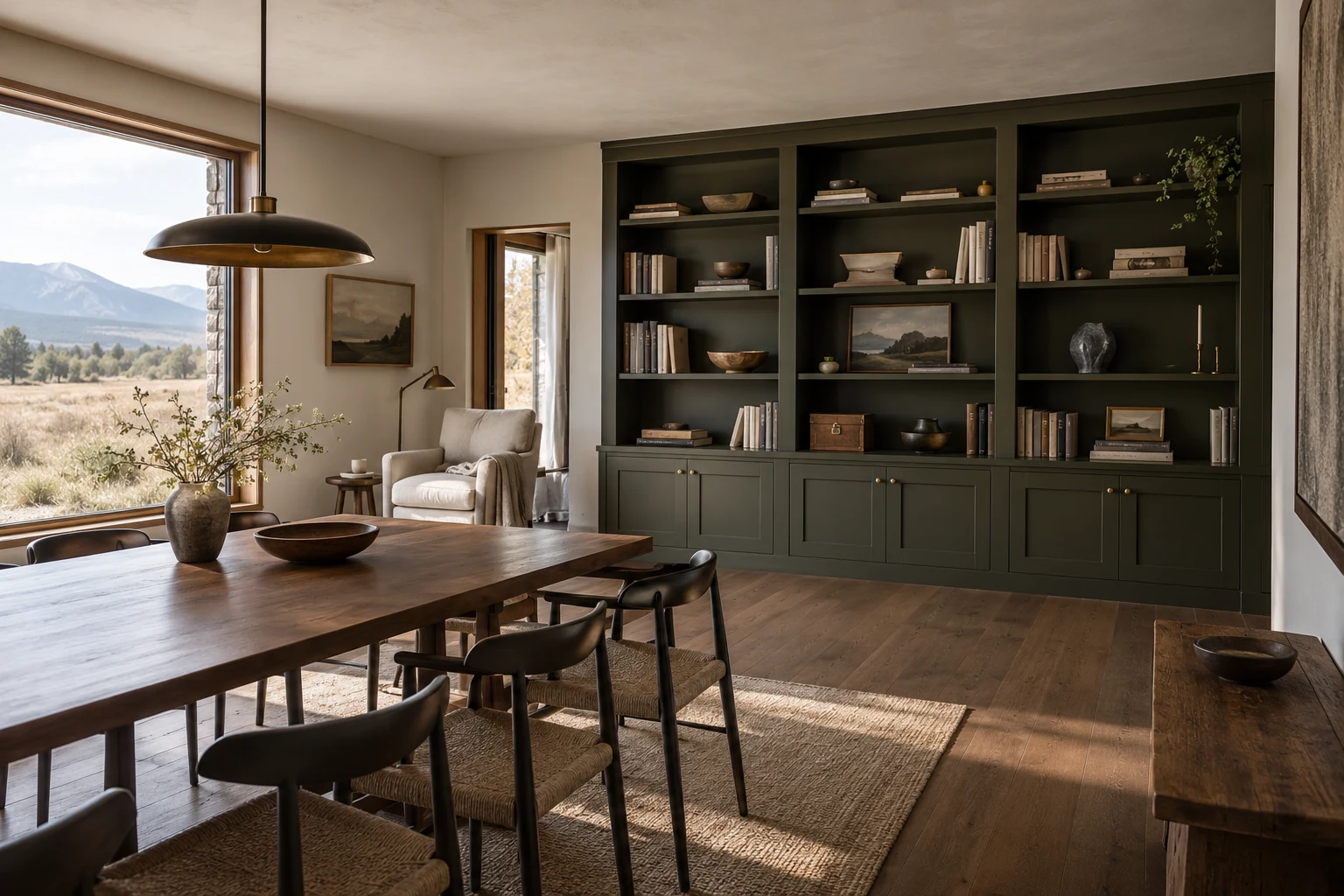 Original reading-room concept with dark olive shelves, walnut table and pale linen chair